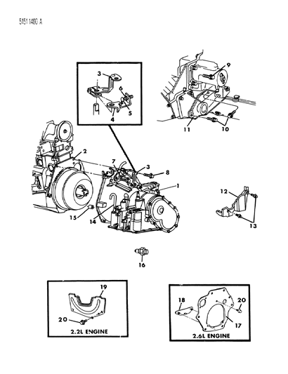 1985 Dodge Daytona Transaxle Assemblies & Mounting Diagram