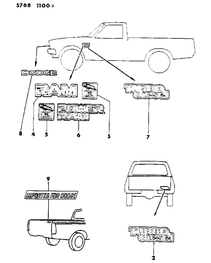 1985 Dodge Ram 50 Nameplates - Exterior View Diagram