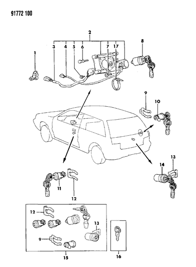 1991 Dodge Colt Lock Cylinder & Keys Diagram