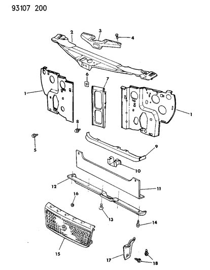 1993 Chrysler LeBaron Sedan Grille & Related Parts Diagram
