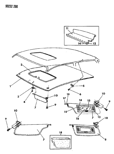 1990 Dodge Shadow Headliner-Visor & Shelf Trim Diagram