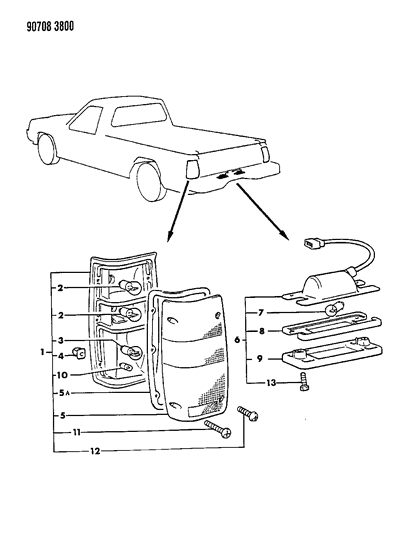 1990 Dodge Ram 50 Lamps - Rear Exterior Diagram