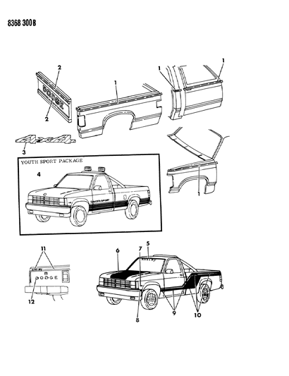 1989 Dodge Dakota Tape Stripes & Decals - Exterior View Diagram