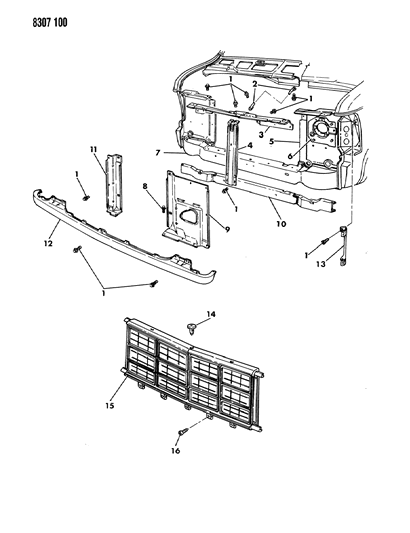 1989 Dodge Ram Van Grille & Related Parts Diagram