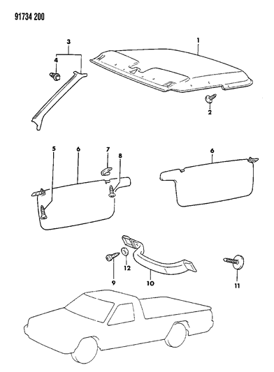 1991 Dodge Ram 50 Headliner, Mouldings, Visor & Assist Strap Diagram