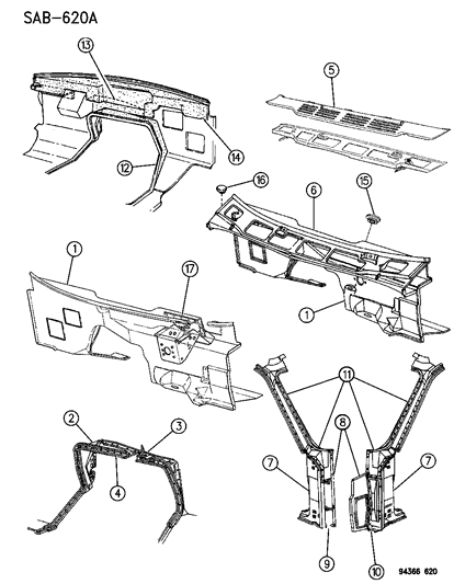 1994 Dodge Ram Van Cab Front - Cowl & Dash Panel Diagram