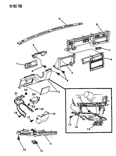 1991 Chrysler LeBaron Sedan Instrument Panel Bezels & Silencers Diagram