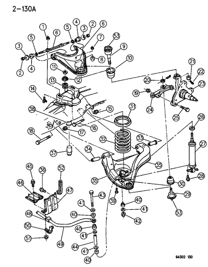 1994 Dodge Dakota Suspension - Front Coil & Shocks With Upper and Lower Control Arm & Sway Bar Diagram