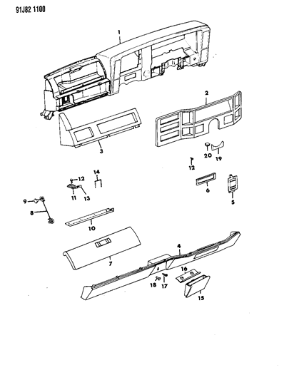 1991 Jeep Cherokee Instrument Panel Pad & Bezels Diagram 1