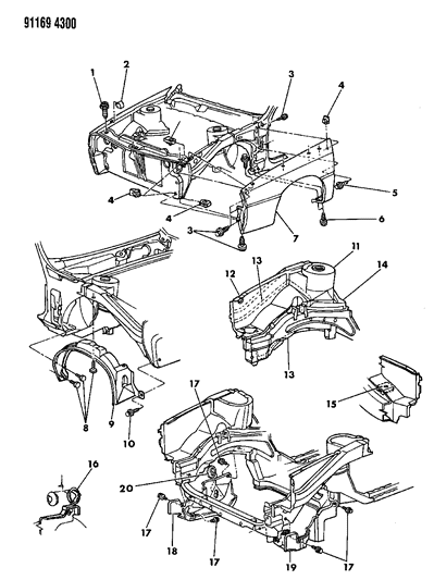 1991 Chrysler LeBaron GTC Fender & Shield Diagram