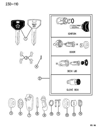 1996 Chrysler Cirrus Lock Cylinders & Double Bitted Lock Cylinder Repair Components Diagram