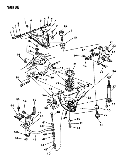 1992 Dodge Dakota Suspension - Front Coil & Shocks With Upper and Lower Control Arm & Sway Bar Diagram