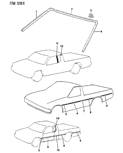 1987 Dodge Ram 50 Mouldings - Exterior View Diagram