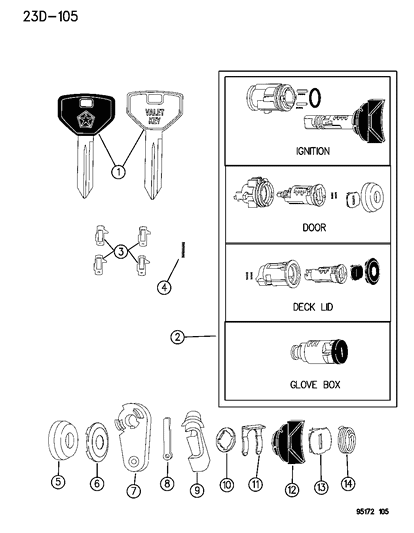 1995 Dodge Neon Lock Cylinders & Double Bitted Lock Cylinder Repair Components Diagram