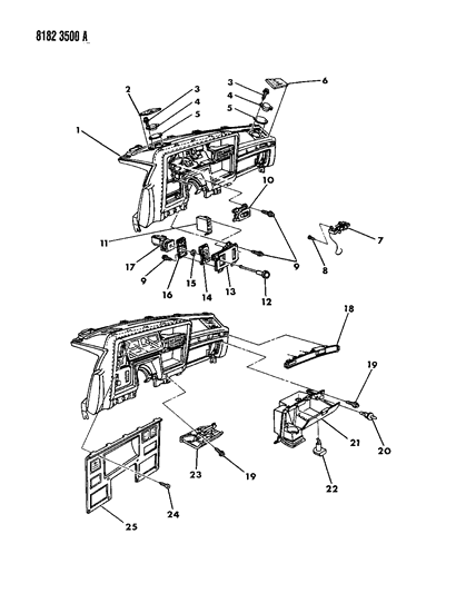 1988 Dodge Dynasty Instrument Panel Pad, Switches, Speakers Diagram
