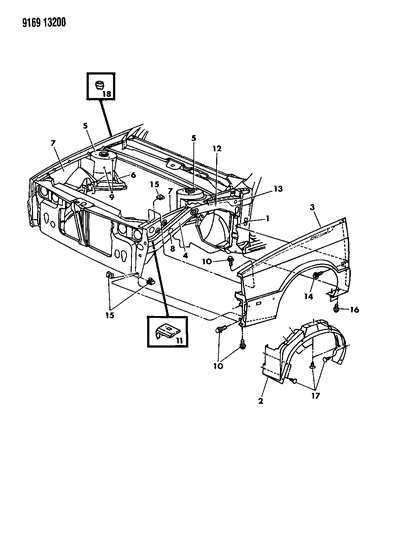 1989 Chrysler LeBaron GTS Fender & Shield Diagram