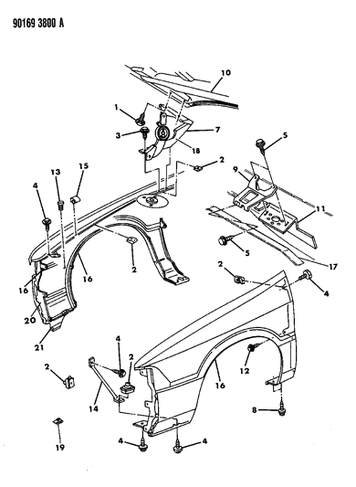 1990 Chrysler LeBaron Sedan Fender & Fender Brace Diagram