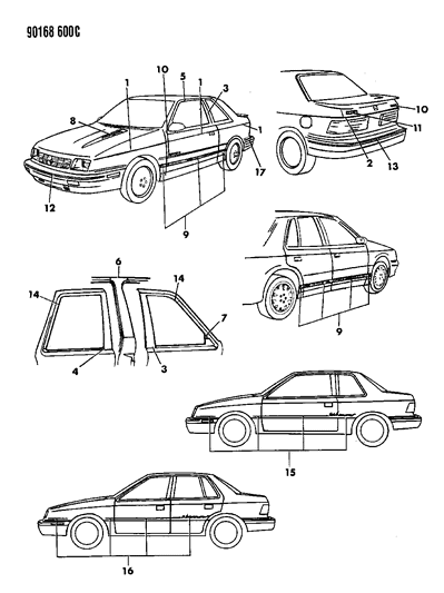 1990 Dodge Shadow Tape Stripes & Decals - Exterior View Diagram