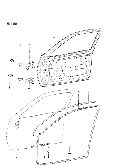 1987 Dodge Colt Door, Front Shell, Hinges And Weatherstrips Diagram