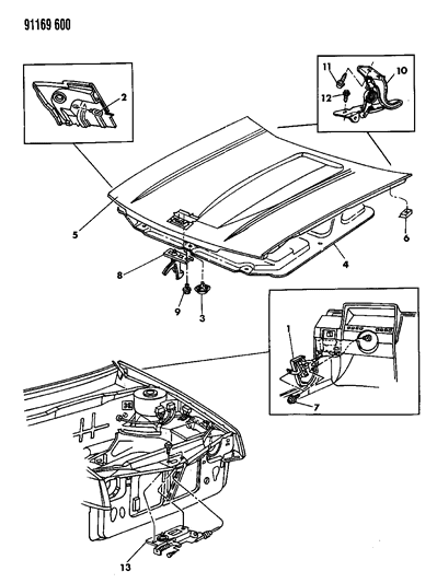 1991 Dodge Shadow Hood & Hood Release Diagram