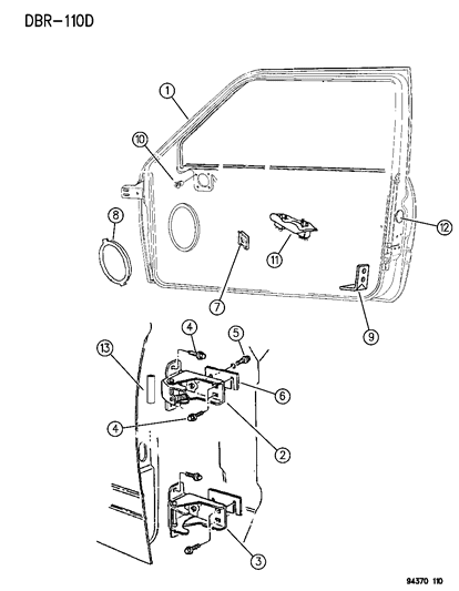 1995 Dodge Ram 1500 Door, Front Shell & Hinges Diagram