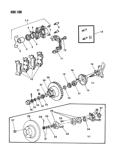 1988 Dodge Dakota Brakes, Front Disc Diagram