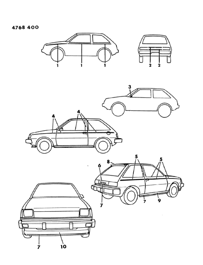 1984 Dodge Colt Tape Stripes & Decals - Exterior View Diagram