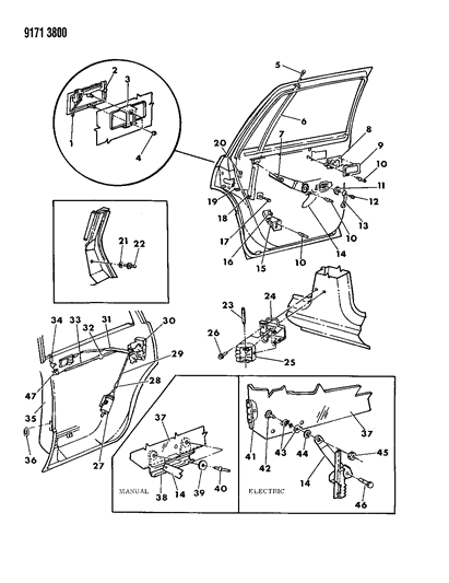 1989 Dodge Lancer Door, Rear Shell, Handle, Glass & Controls Diagram