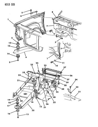 1987 Dodge Dakota Body Hold Down & Front End Mounting Diagram