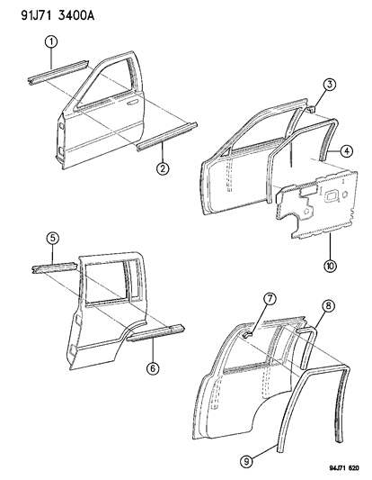 1993 Jeep Grand Wagoneer Door, Front & Rear Weatherstrip & Run Diagram