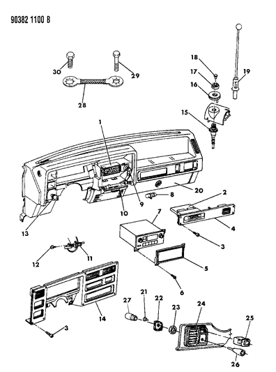 1993 Dodge Dakota Instrument Panel Bezels, Radio And Switches Diagram