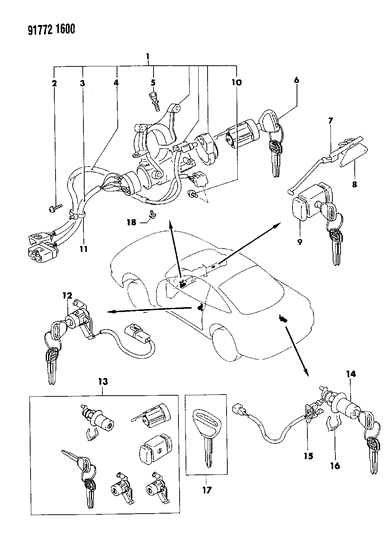 1991 Dodge Stealth Lock Cylinders & Keys Diagram