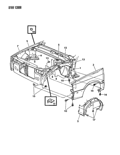 1988 Dodge Lancer Fender & Shield Diagram