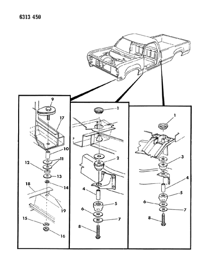 1987 Dodge W150 Body Hold Down & Front End Mounting Diagram
