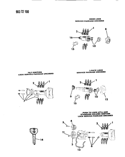 1991 Dodge Ram Van Lock Cylinders & Double Bitted Lock Cylinder Repair Components Diagram