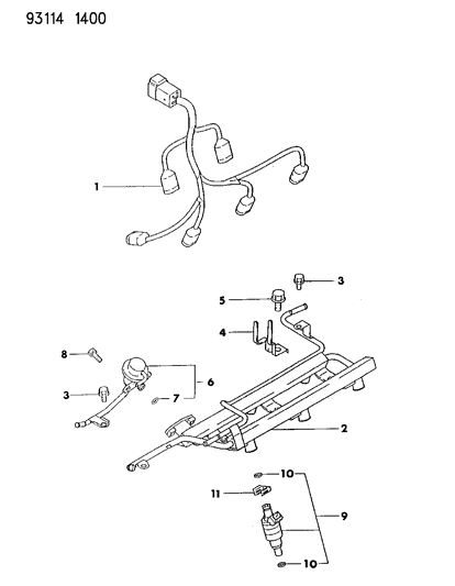 1993 Dodge Dynasty Fuel Rail & Related Parts Diagram 1