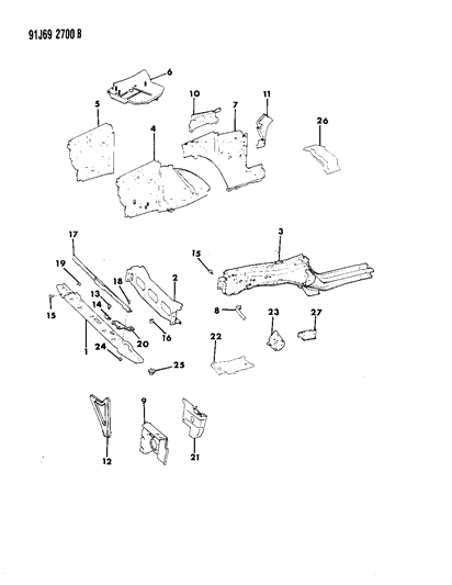 1992 Jeep Cherokee Panels - Front End Inner & Wheelhouse Diagram