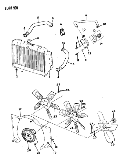 1988 Jeep Grand Wagoneer Radiator & Related Parts Diagram 1