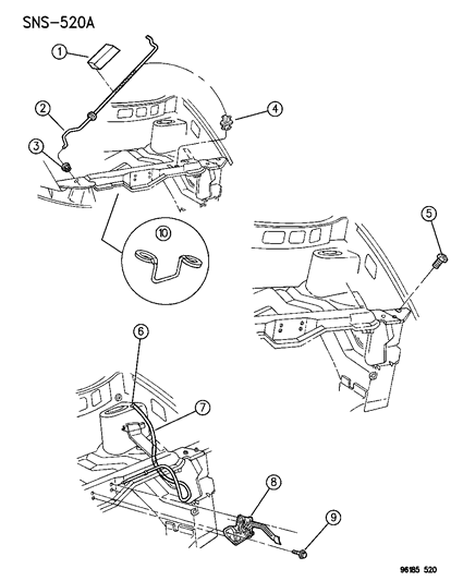 1996 Dodge Grand Caravan Hood Release & Related Parts Diagram