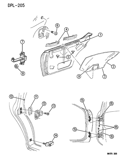 1996 Dodge Neon Door, Rear Shell, Glass & Hinge Diagram