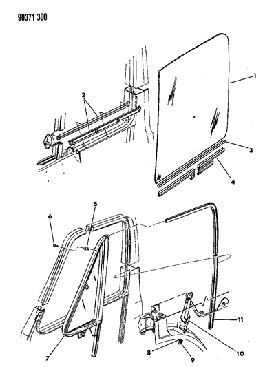 1992 Dodge Ram Wagon Door, Front Glass, Weatherstrip And Run Diagram