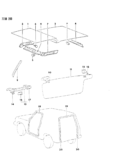 1987 Dodge Raider Headliner, Mouldings, Visor & Assist Strap Diagram