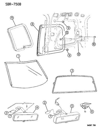 1994 Dodge Ram 2500 Glass, Windshield, Backlite, Mirror Diagram