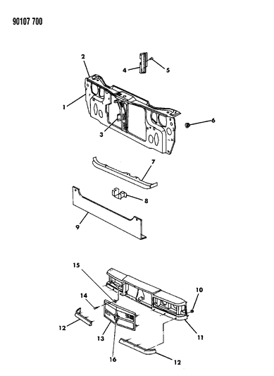 1990 Dodge Dynasty Grille & Related Parts Diagram