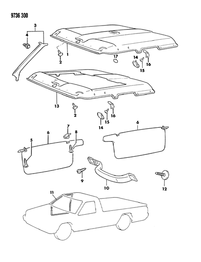 1989 Dodge Ram 50 Headliner, Mouldings, Visor & Assist Strap Diagram 2