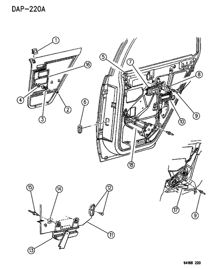 1994 Dodge Shadow Door - Rear Glass - Regulator - Locks Diagram