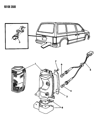 1990 Chrysler Town & Country Lamp, Qtr. Pnl. Tail,Stop,Turn Sig.,Back-Up & Side Marker (W/S.E. Pkg.), Right Diagram for 4399699