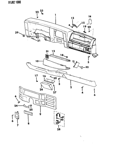 1991 Jeep Cherokee Instrument Panel Pad & Bezels Diagram 2