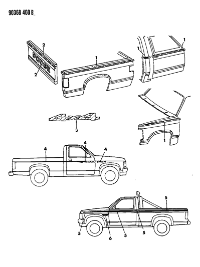 1990 Dodge Dakota Tape Stripes & Decals Diagram