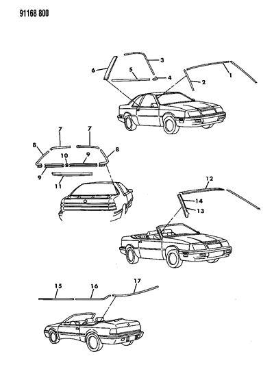 1991 Chrysler LeBaron GTC Mouldings - Windshield & Rear Window Outside Diagram